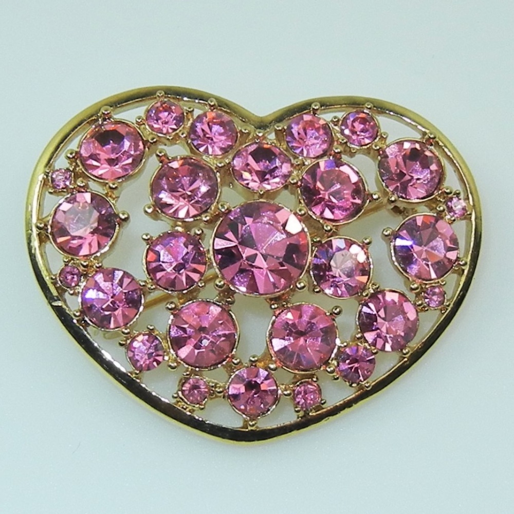 Vintage Liz Claiborne Pink Rhinestone Heart Brooch